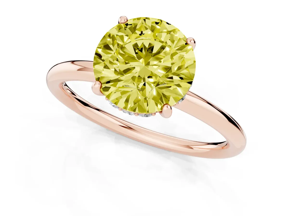 Fancy Yellow Round Cut Solitaire Diamond Ring with a Classic Band and Four-Prong Setting Rose gold