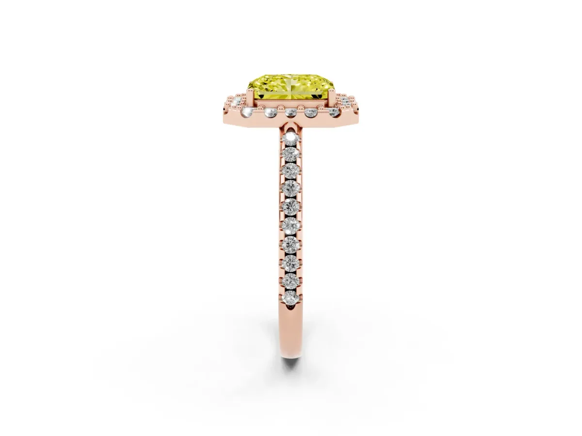 Fancy Yellow Radiant Cut Diamond Pavé Halo Ring with Four-Prong Setting Rose gold