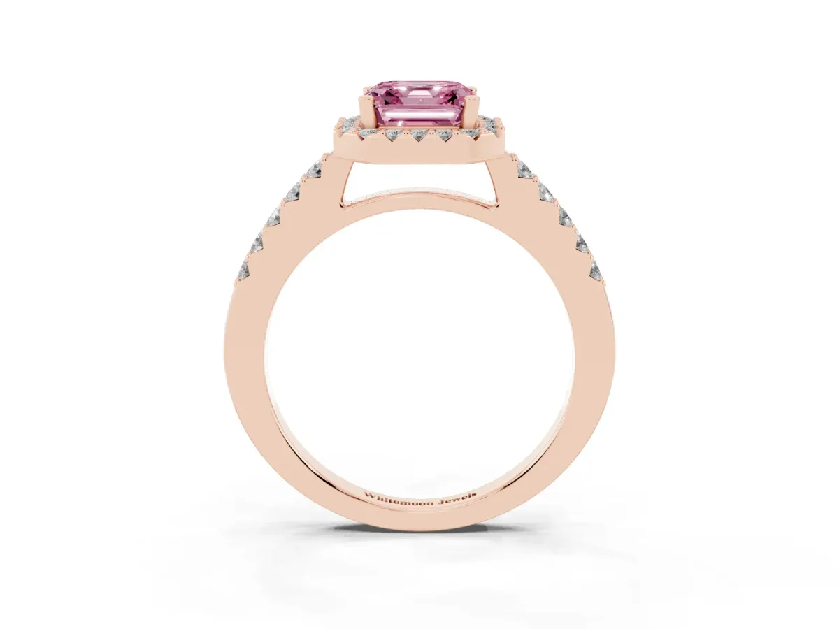 Fancy Pink Asscher Cut Halo Diamond Pavé Solitaire Ring Rose gold