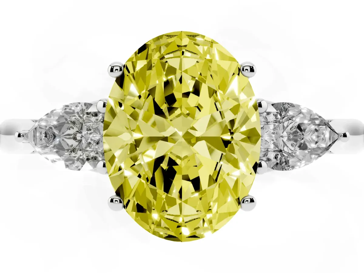 Fancy Yellow Oval Cut Diamond Three-Stone Ring with Pear Side Stones and Prong Setting Silver