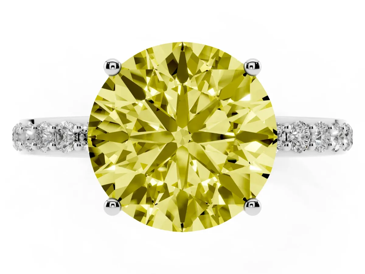 Fancy Yellow Round Cut Diamond Solitaire Ring with Pavé Band and Hidden Halo Silver