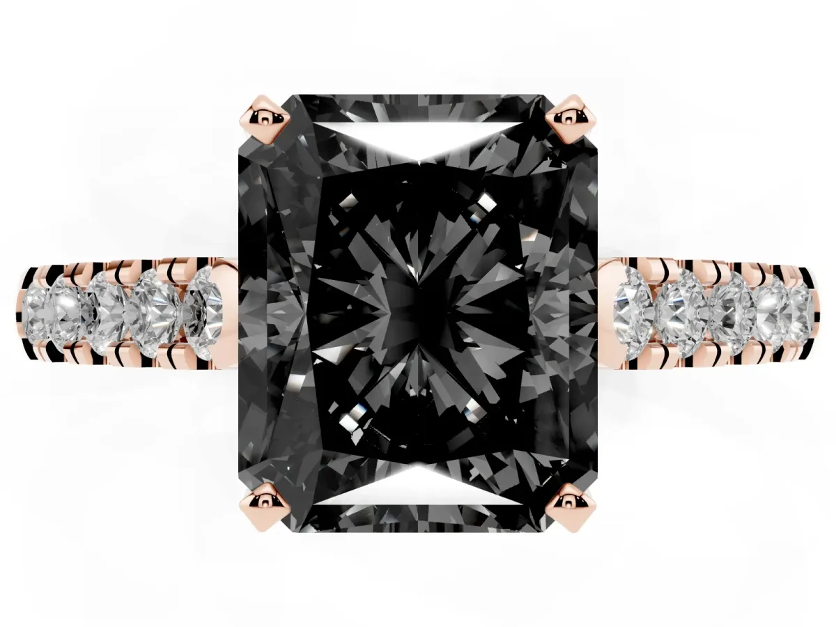 Fancy Black Radiant Cut Diamond Pavé Band Solitaire Ring with Prong Setting Rose gold