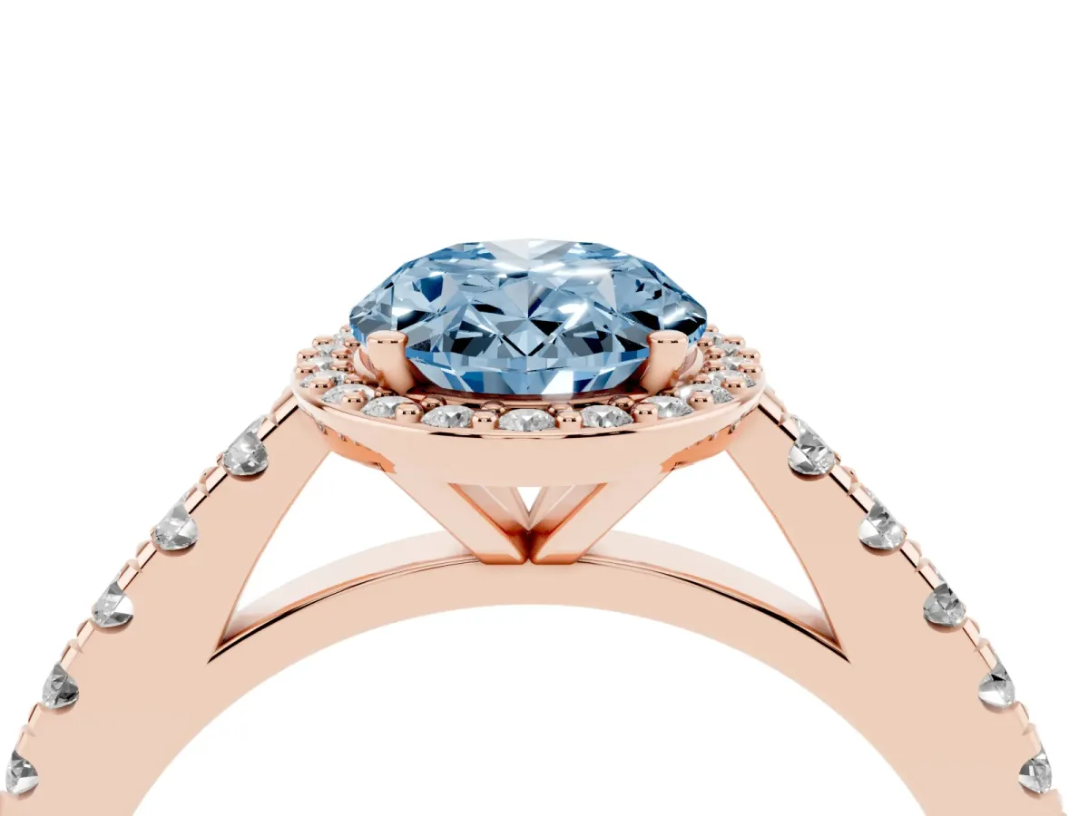 Fancy Blue Oval Cut Cut Halo Diamond Engagement Ring with Pave Band and Four-Prong Setting Rose gold