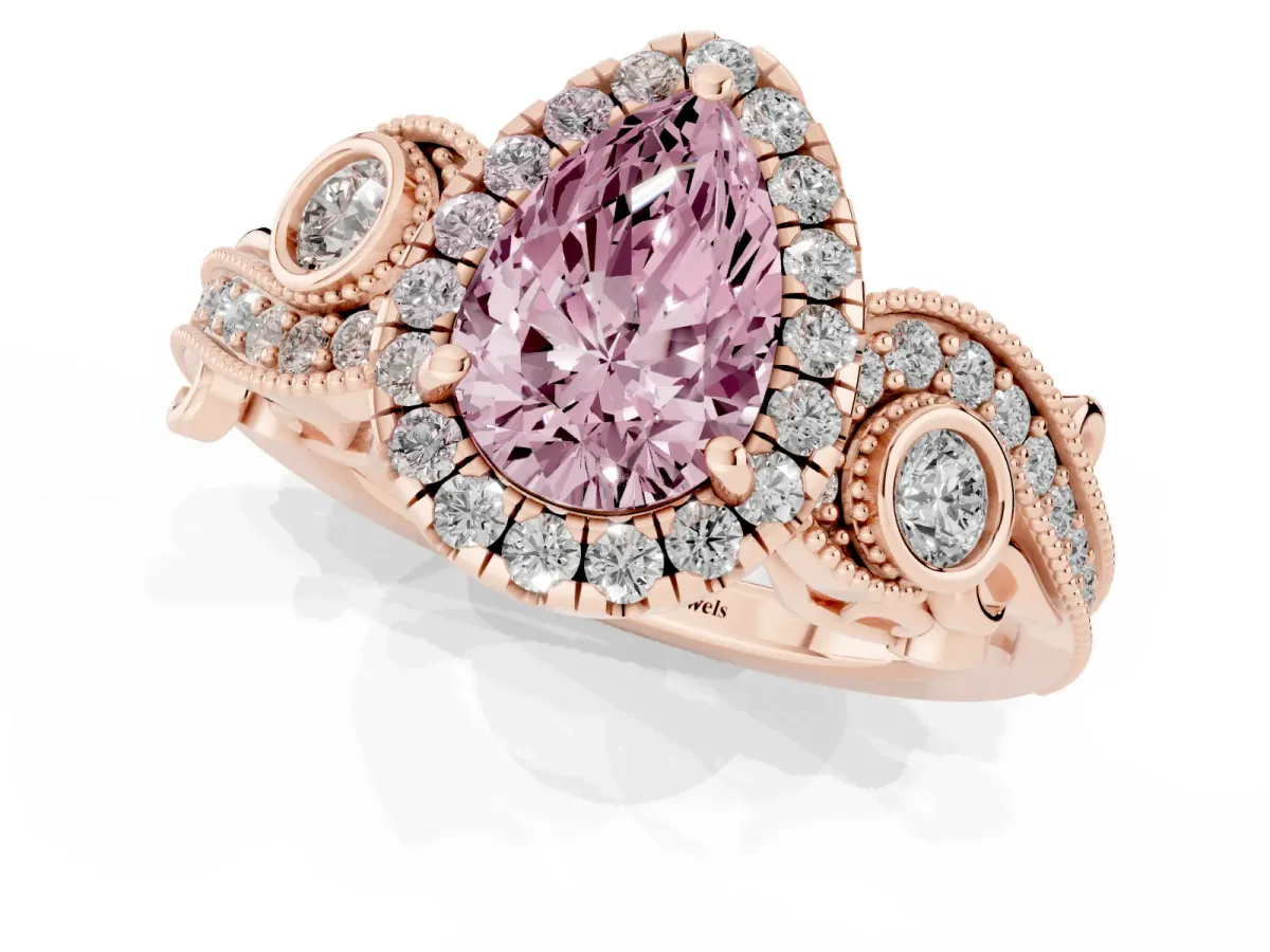 Fancy Pink Pear Cut Halo Diamond Ring with Milgrain and Bezel Accents on a Split Shank Band Rose gold