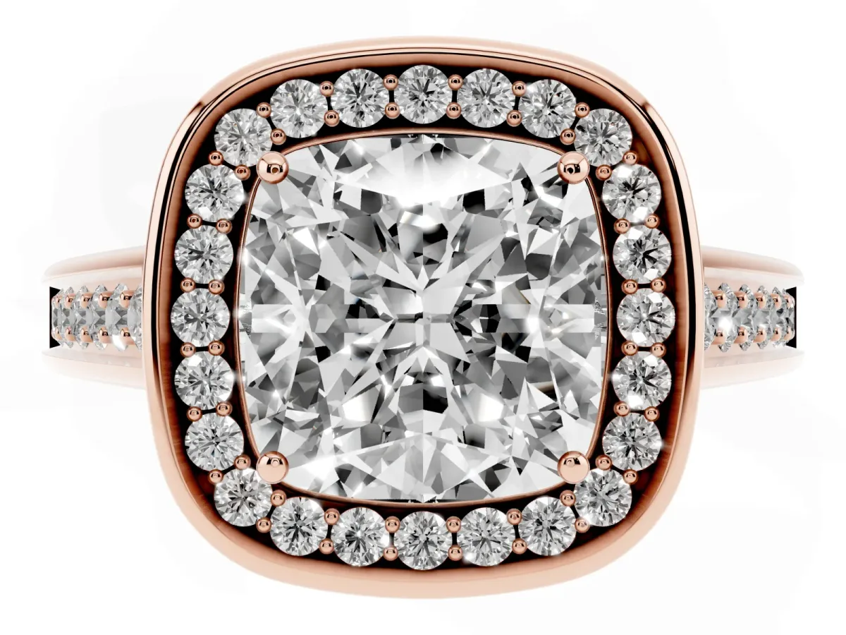 Cushion Cut Halo Solitaire Diamond Ring with Pave Band and Bezel Setting Rose gold