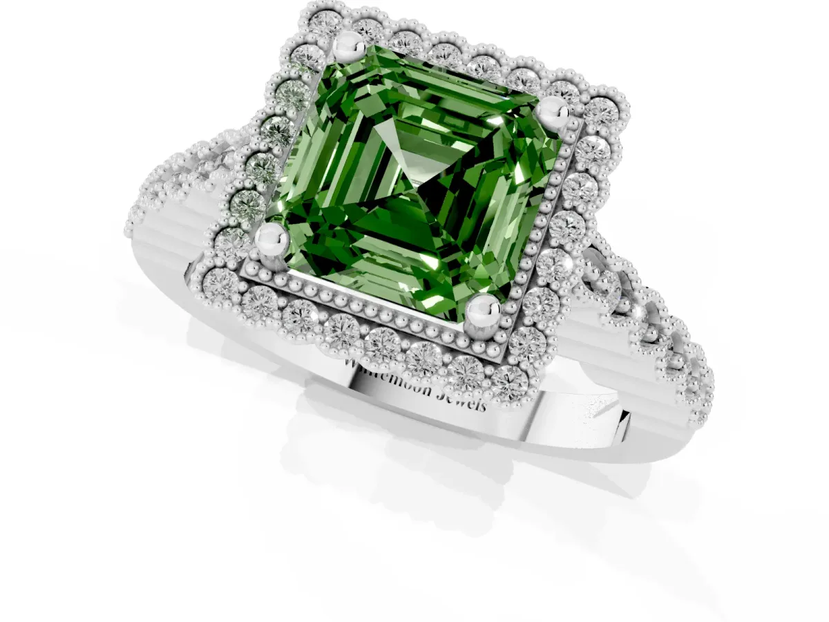 Fancy Green Asscher Cut Cut Halo Pavé Solitaire Ring with Milgrain Band Silver