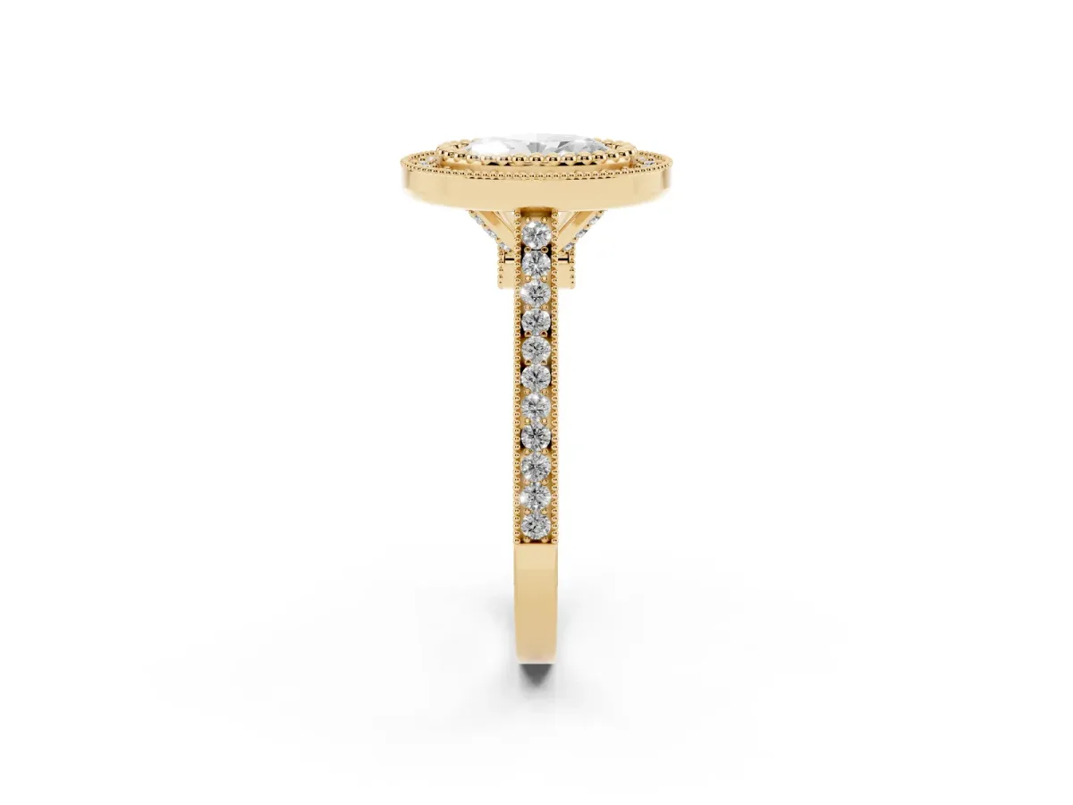 Oval Cut Diamond Halo Ring with Milgrain Frame and Pavé Band Yellow gold