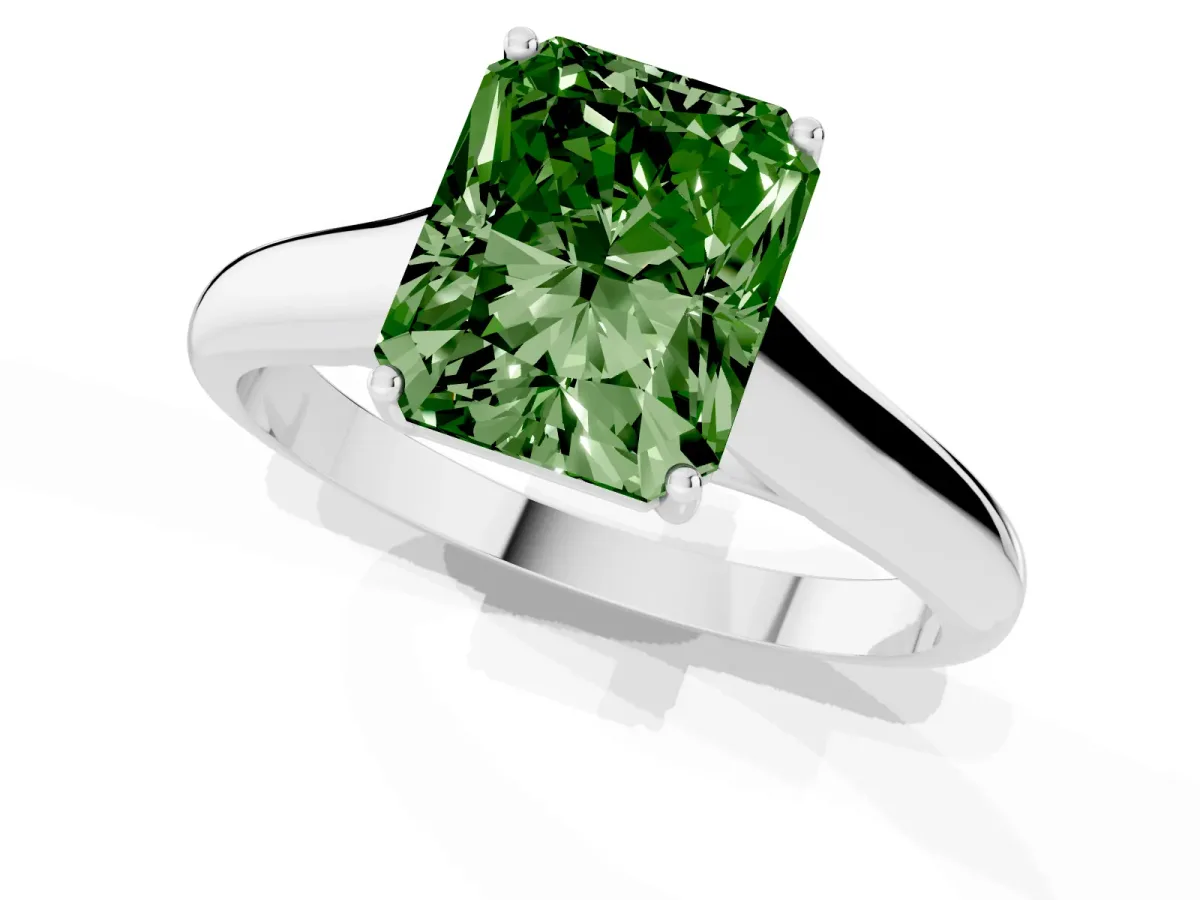 Fancy Green Radiant Cut Solitaire Engagement Ring with Tapered Band and Four-Prong Setting Platinum