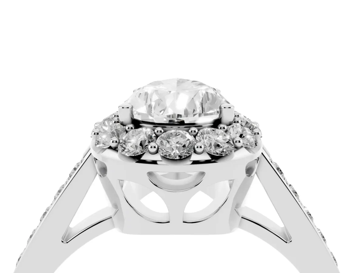 Pear Cut Diamond Floral Halo Ring with Pavé Band and Prong Setting Platinum