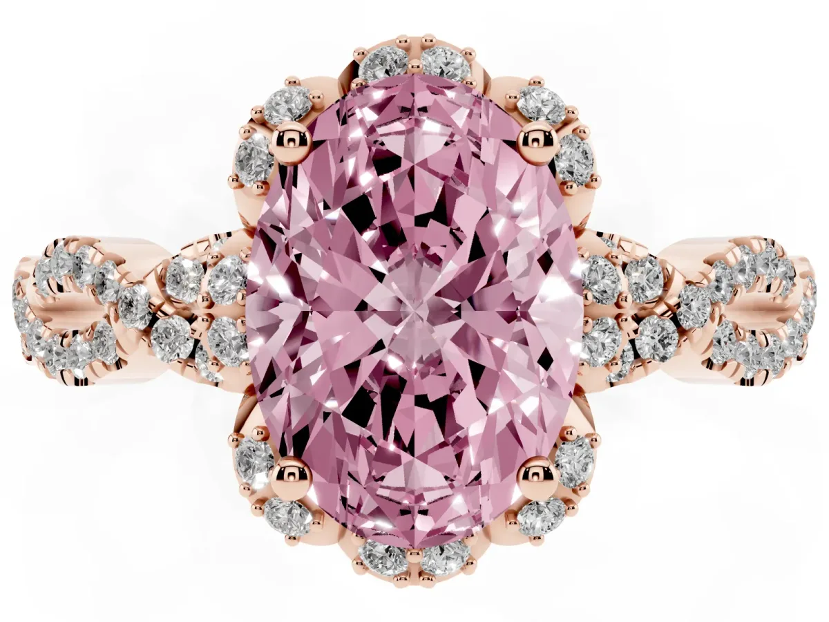Fancy Pink Oval Cut Halo Twist Band Solitaire Ring with Six-Prong Setting Rose gold