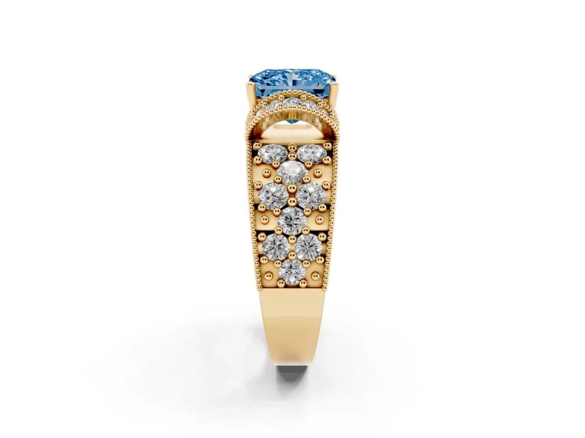 Fancy Blue Radiant Cut Halo Pave Diamond Engagement Ring with Milgrain Detailing Yellow gold