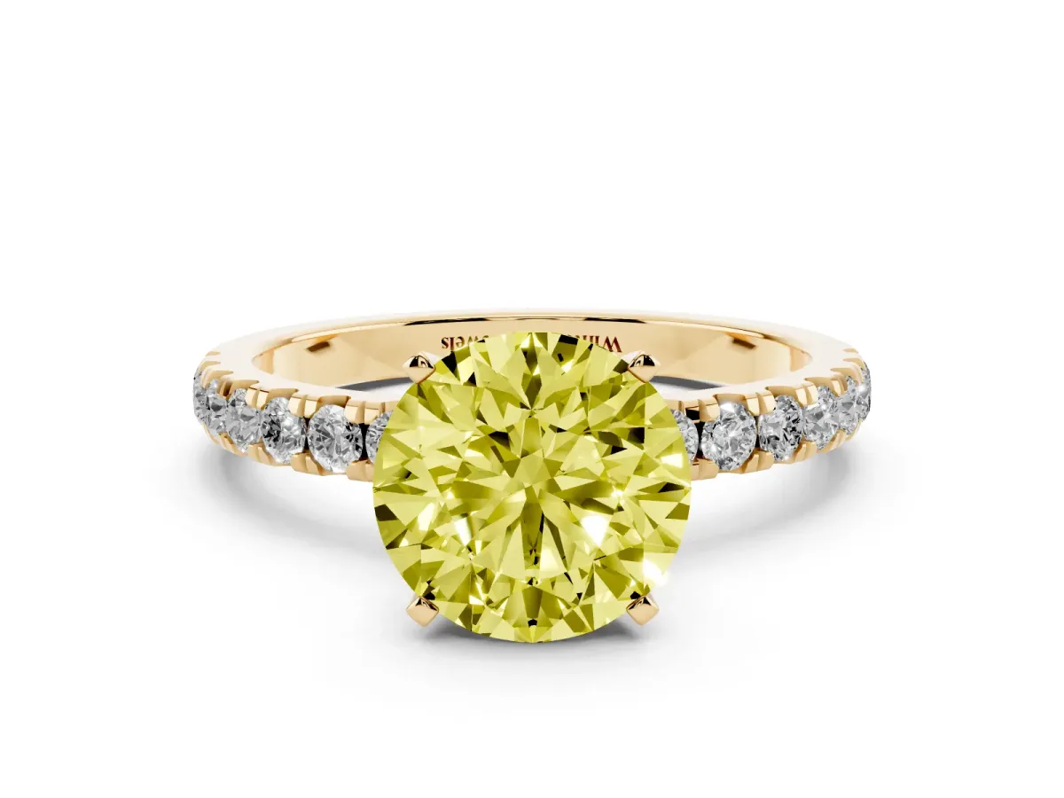 Fancy Yellow Round Cut Diamond Solitaire Ring with Pavé Accents and Four-Prong Setting Yellow gold