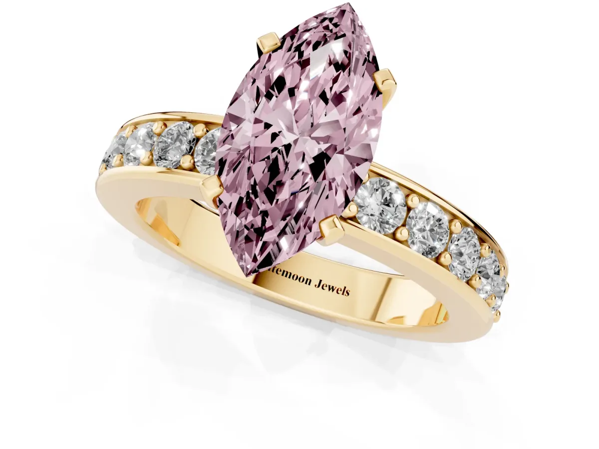 Fancy Pink Marquise Cut Diamond Engagement Ring with Channel Set Round Band and Prong Setting Yellow gold