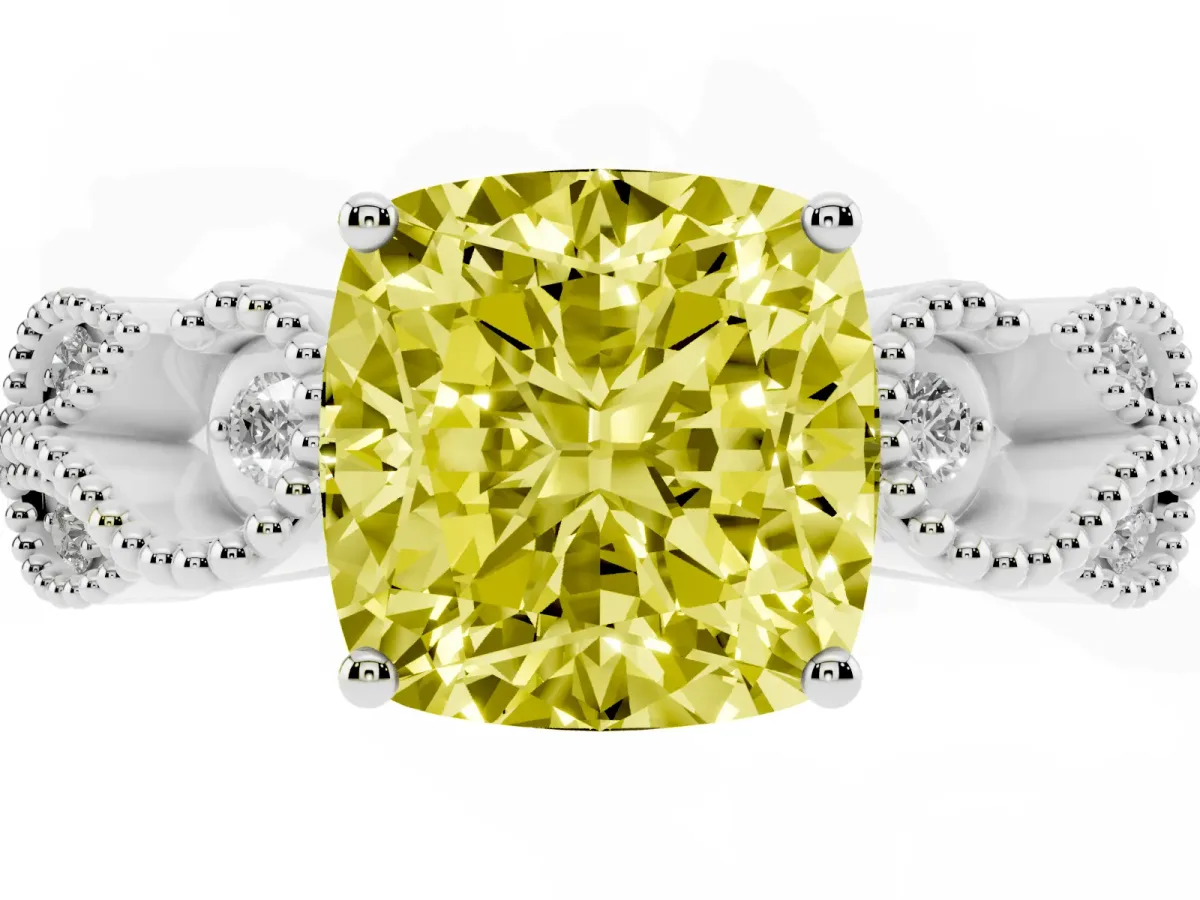 Fancy Yellow Cushion Cut Solitaire Milgrain Leaf Band with Prong Setting Platinum