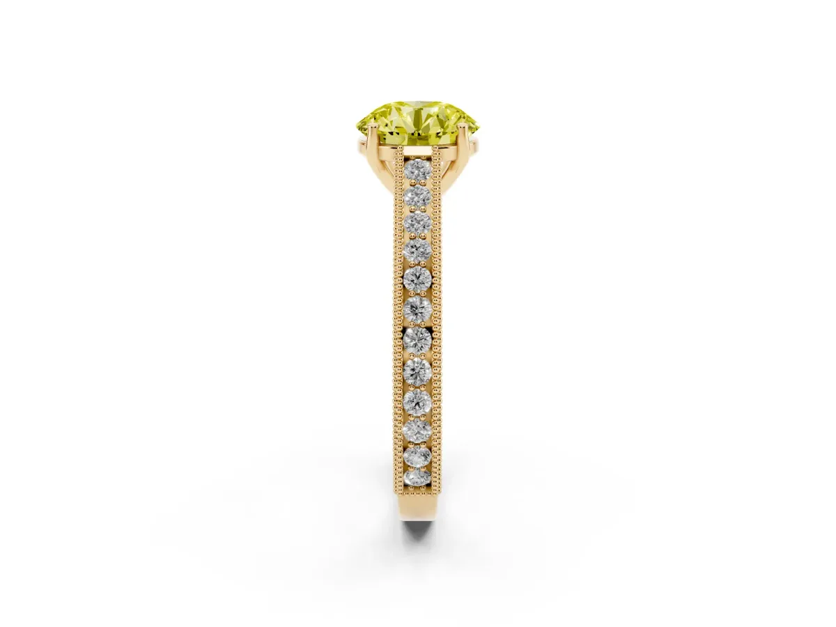 Fancy Yellow Round Cut Cut Pave Band Milgrain Solitaire Ring Yellow gold