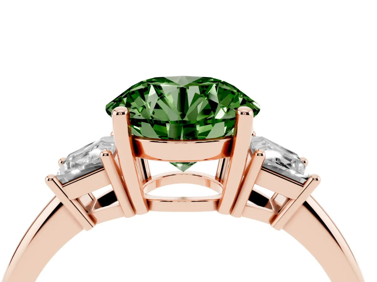 Fancy Green Round Cut Diamond Three-Stone Ring with Trapezoid Side Stones and Prong Setting Rose gold