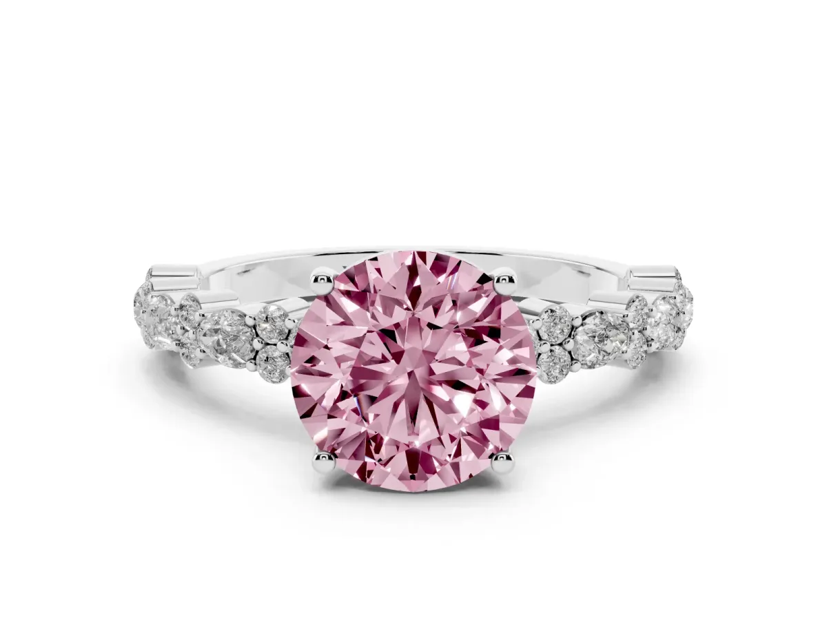 Fancy Pink Round Cut Diamond Side Stone Solitaire Ring with Round and Four-Prong Setting Platinum
