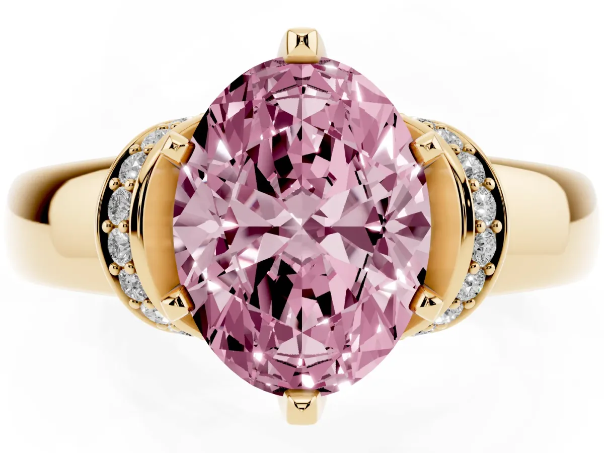 Fancy Pink Oval Cut Solitaire Diamond Ring with Pave Band and Six-Prong Setting Yellow gold