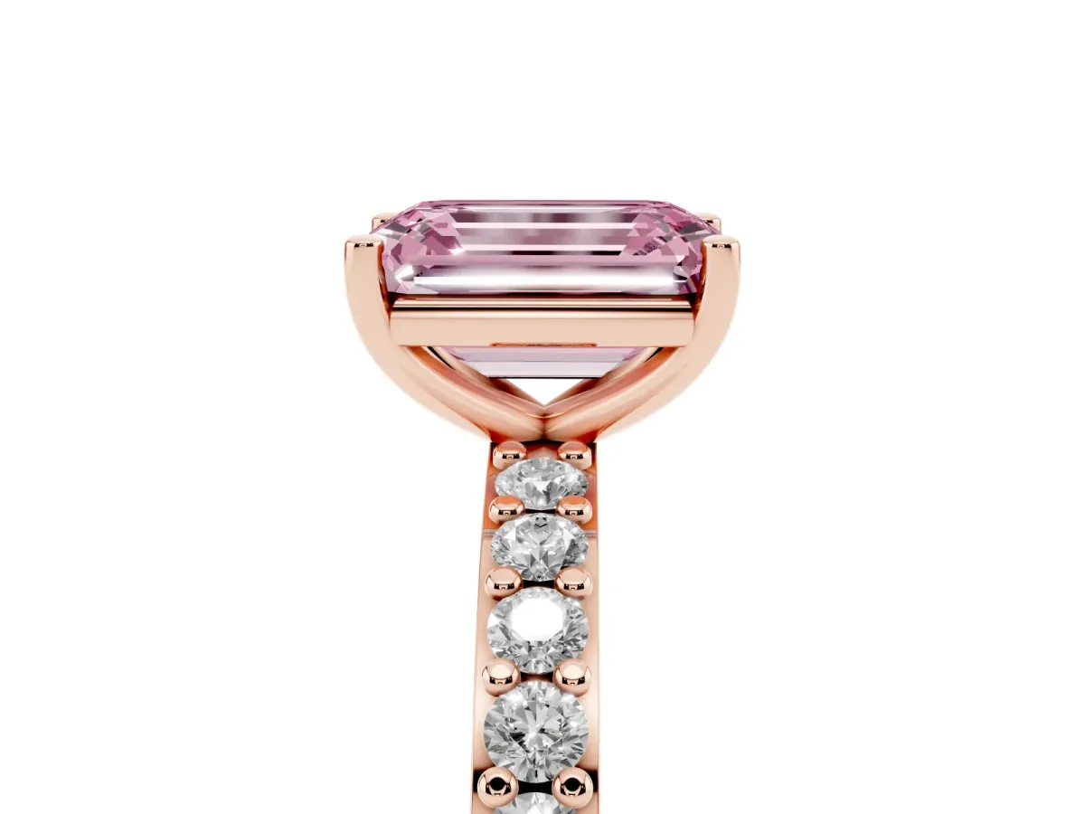 Fancy Pink Emerald Cut Cut Diamond Solitaire with Pave Band and Four-Prong Setting Rose gold