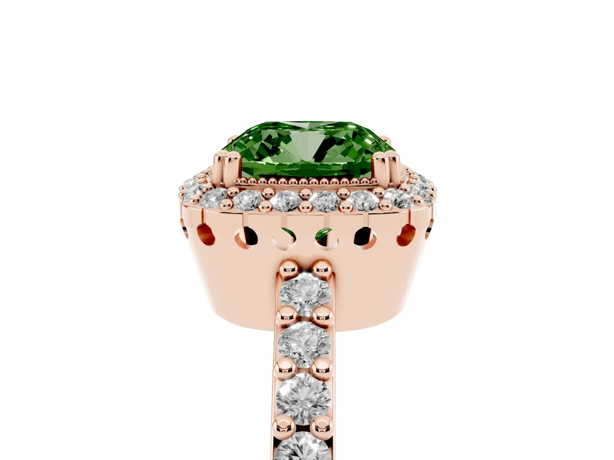 Fancy Green Cushion Cut Cut Diamond Halo Engagement Ring with Milgrain Detail and Pavé Band Rose gold