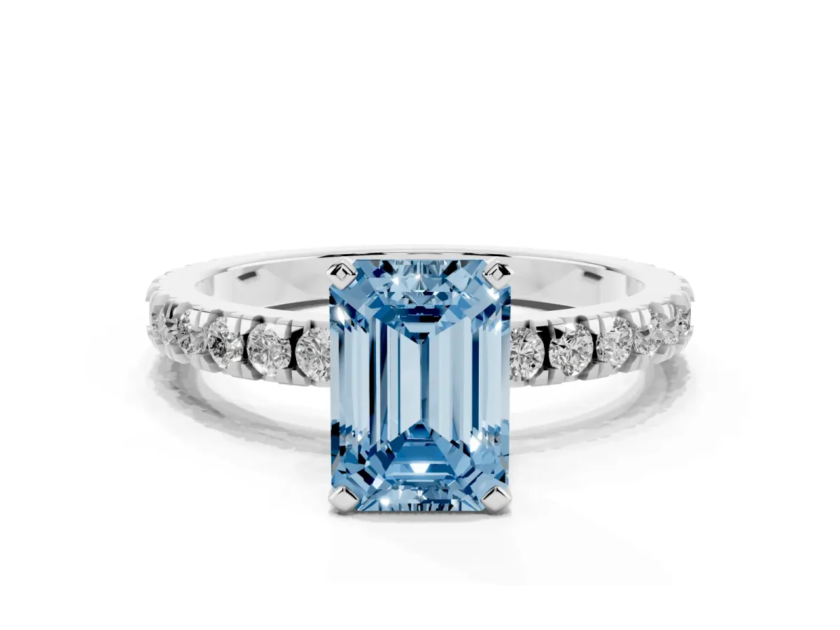 Fancy Blue Emerald Cut Diamond Pavé Band Solitaire with Four-Prong Setting Silver