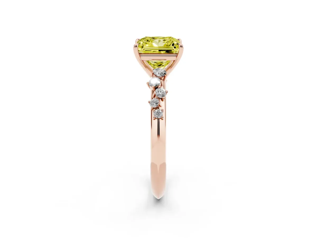 Fancy Yellow Princess Cut Diamond Cluster Side Stone Solitaire Ring with Prong Setting Rose gold
