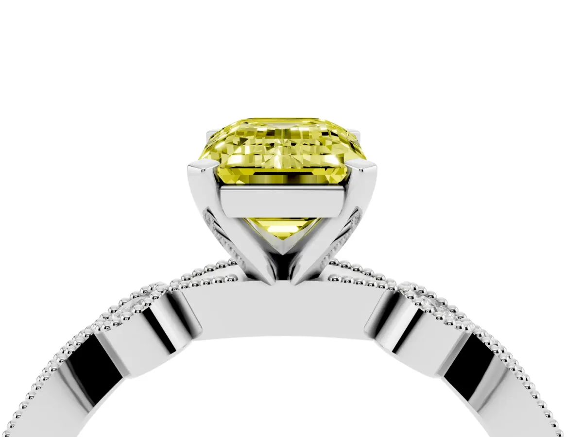 Fancy Yellow Emerald Cut Milgrain Bezel Diamond Engagement Ring with Solitaire Prong Setting Platinum