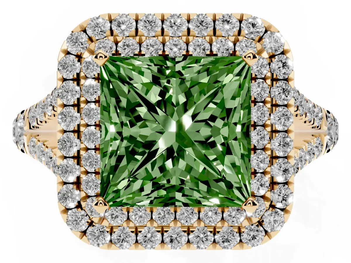 Fancy Green Double Halo Princess Cut Diamond Split Shank Engagement Ring with Four-Prong Setting Yellow gold