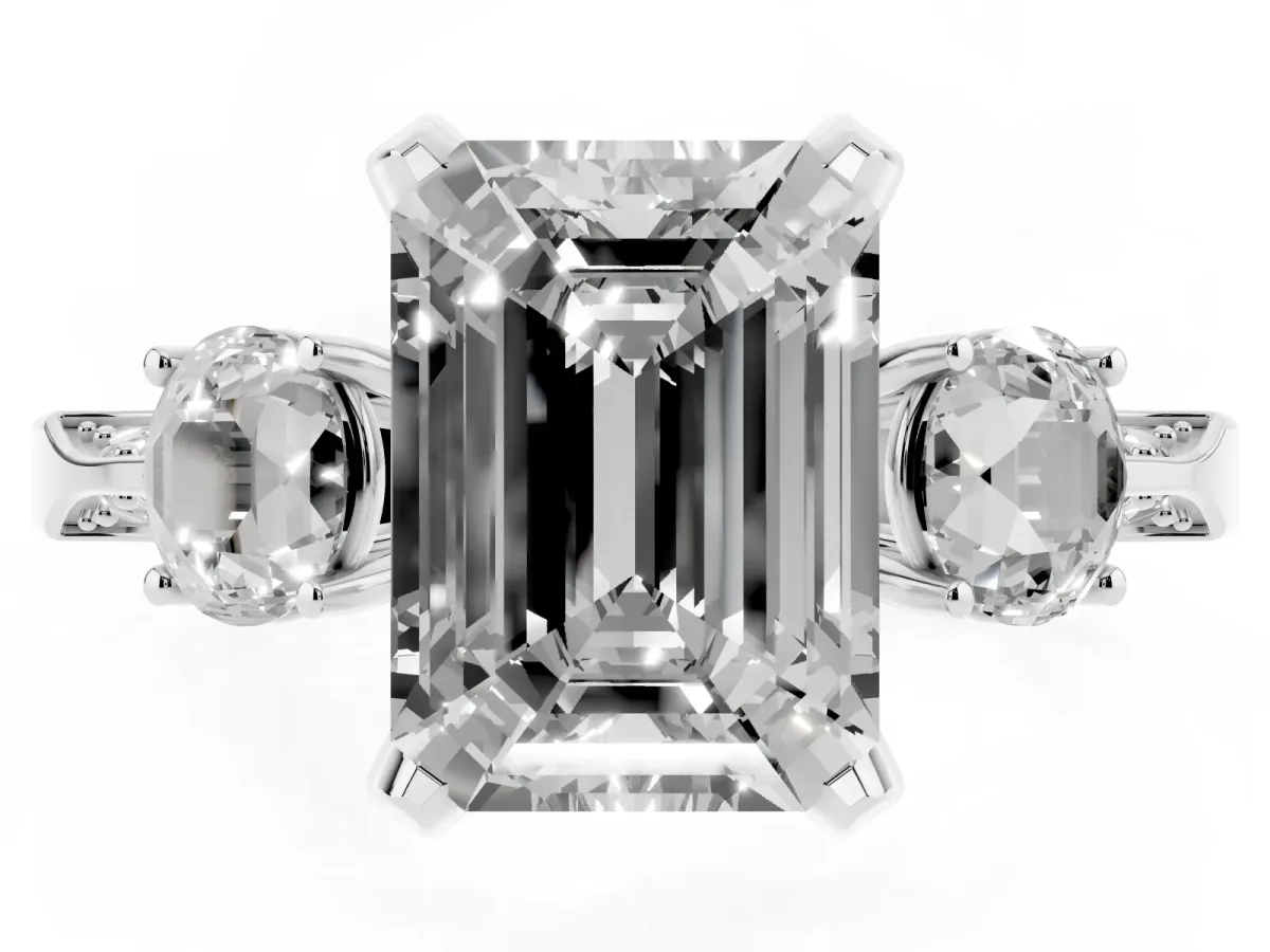 Fancy Green Emerald Cut Brilliant Three-Stone Diamond Ring with Pavé Band and Four-Prong Setting Silver