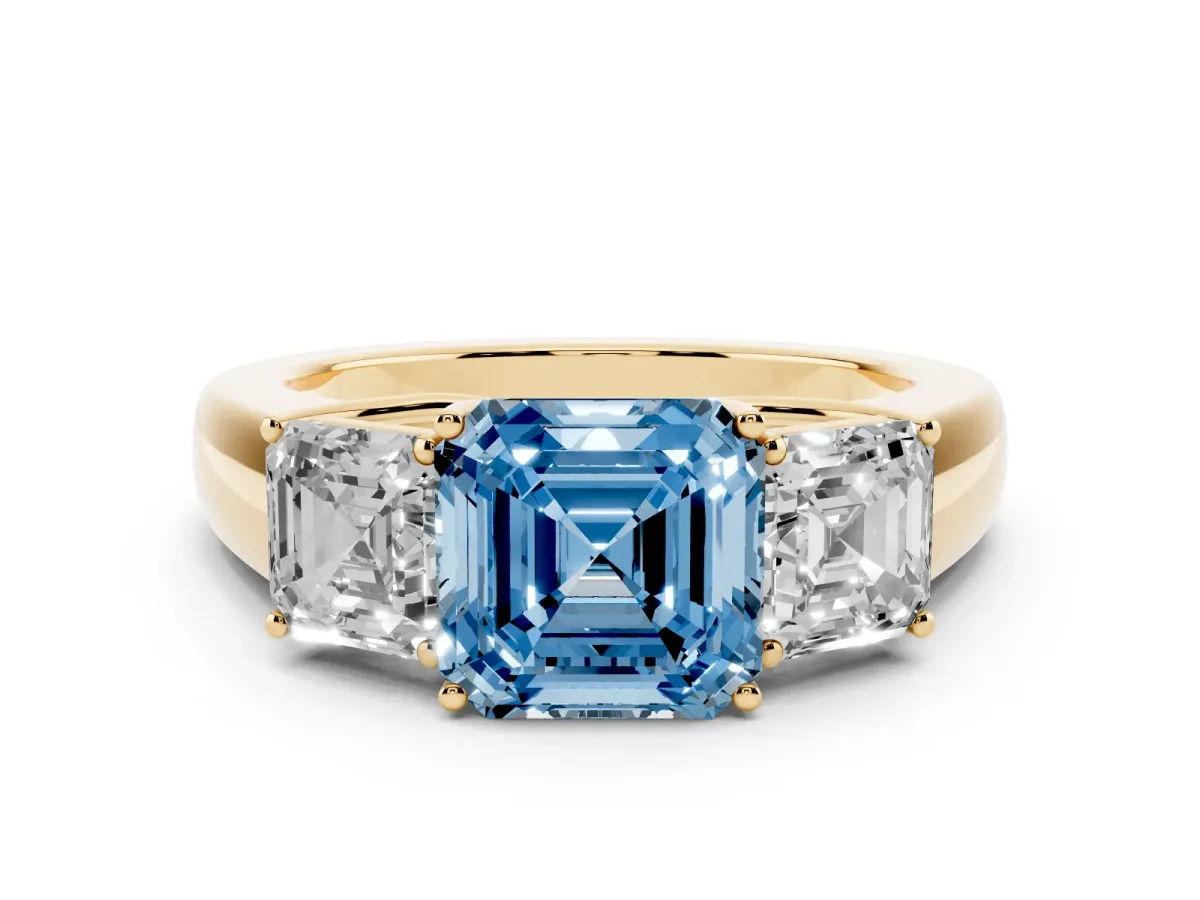Fancy Blue Three-Stone Asscher Cut Cut Diamond Ring with Prong Setting and Classic Band Yellow gold