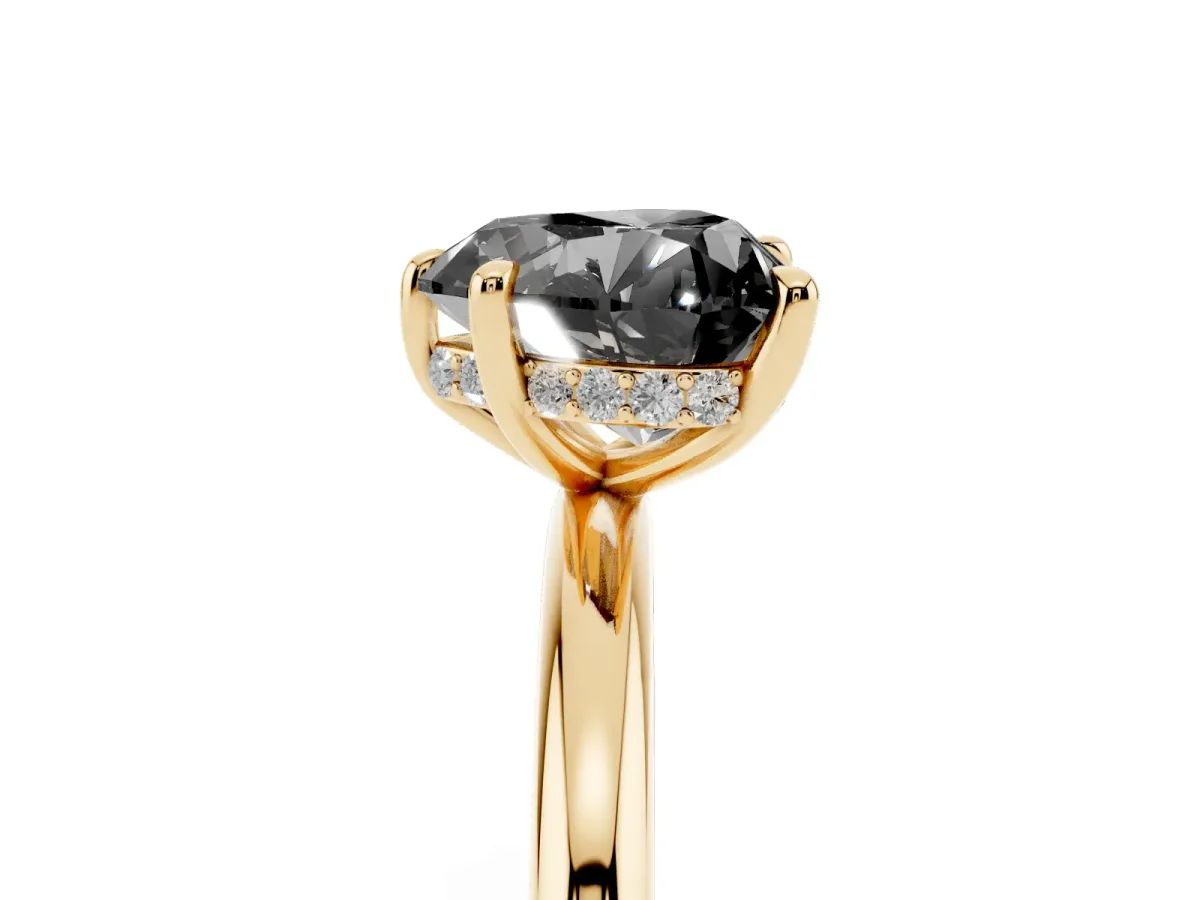 Fancy Black Heart Cut Diamond Solitaire Ring with Thin Band and Four-Prong Setting Yellow gold