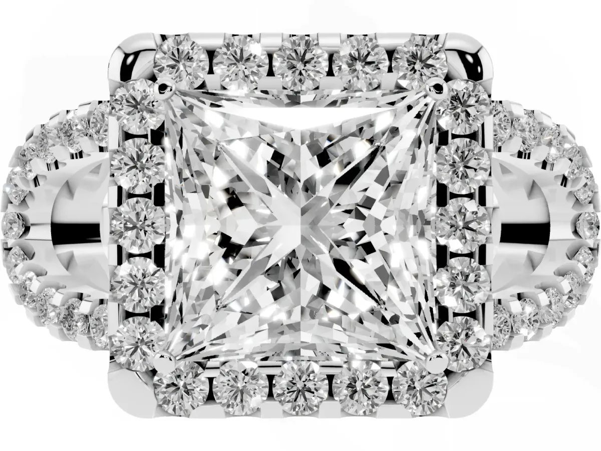 Princess Cut Cut Diamond Halo Engagement Ring with Open Split Pavé Band Platinum