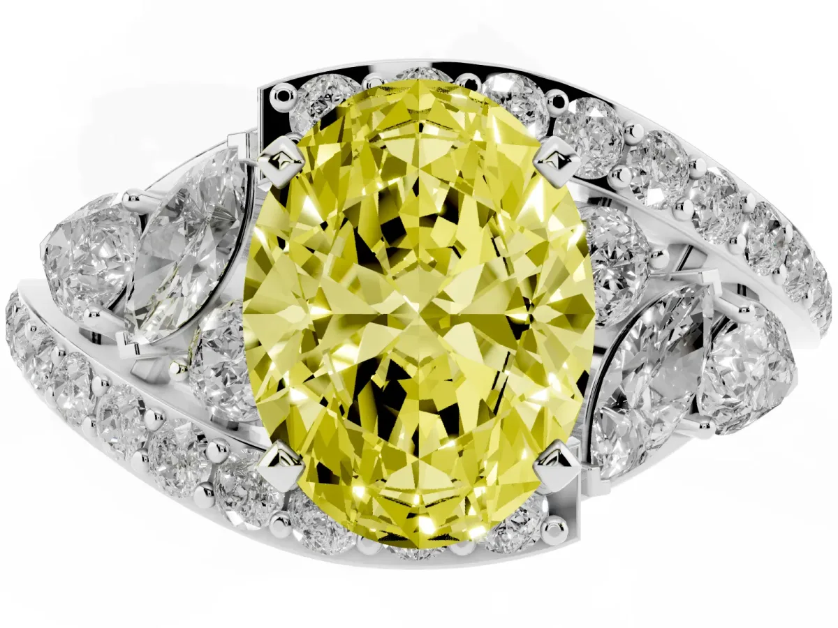 Fancy Yellow Oval Cut Diamond Halo Ring with Marquise and Pavé Band in Prong Setting Platinum