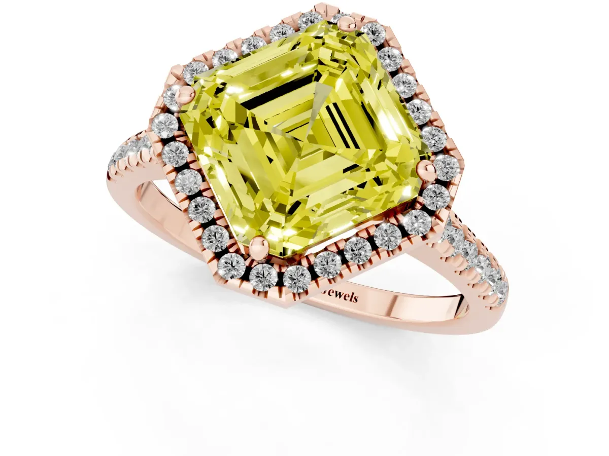 Fancy Yellow Asscher Cut Diamond Cushion Halo Ring with Pavé Band Rose gold