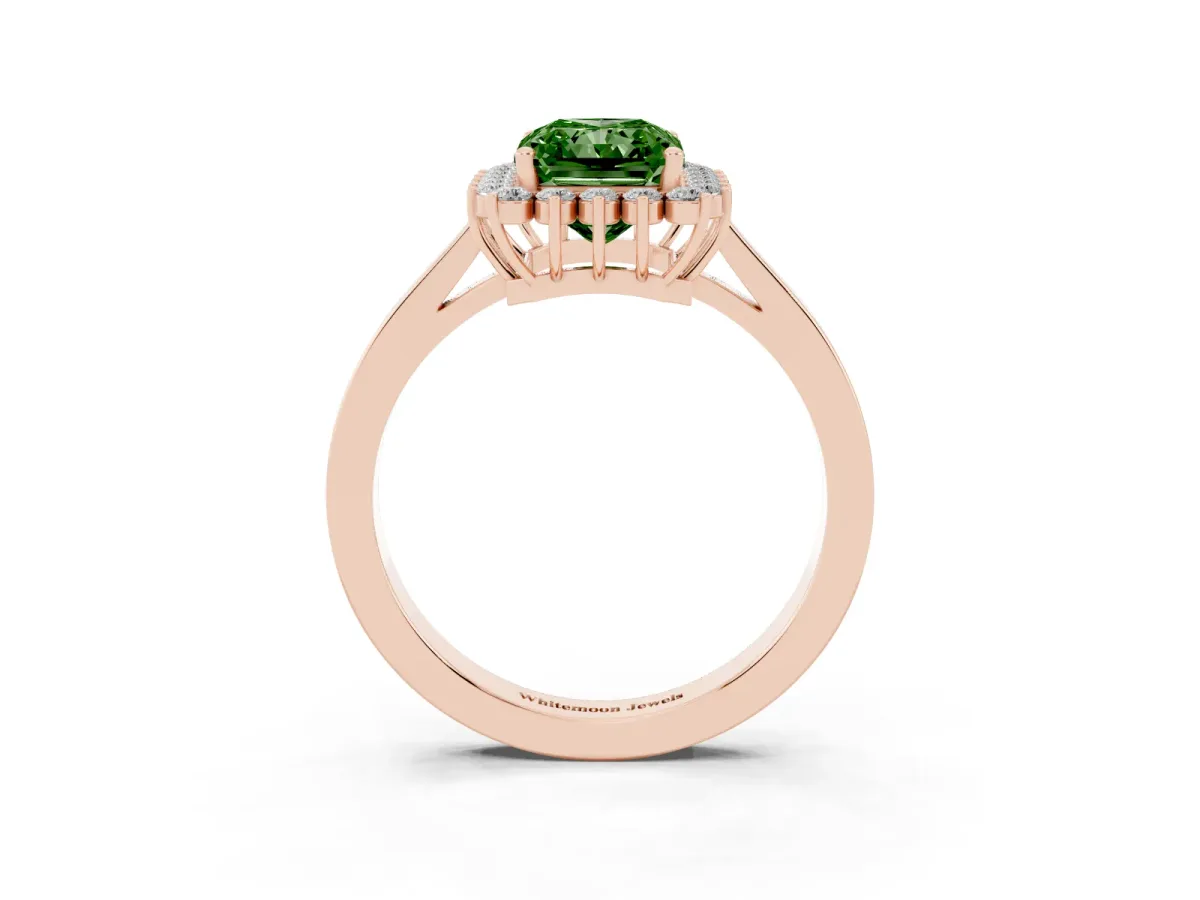 Fancy Green Radiant Cut Cut Diamond Halo Ring with Round Brilliant Halo and Solitaire Band Rose gold