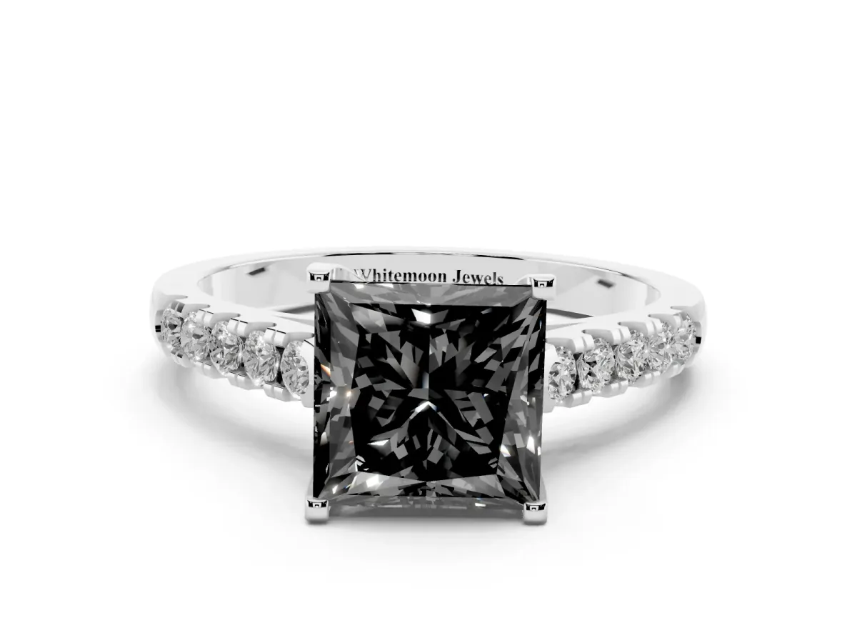 Fancy Black Princess Cut Diamond Pavé Band Solitaire Ring with Prong Setting Platinum