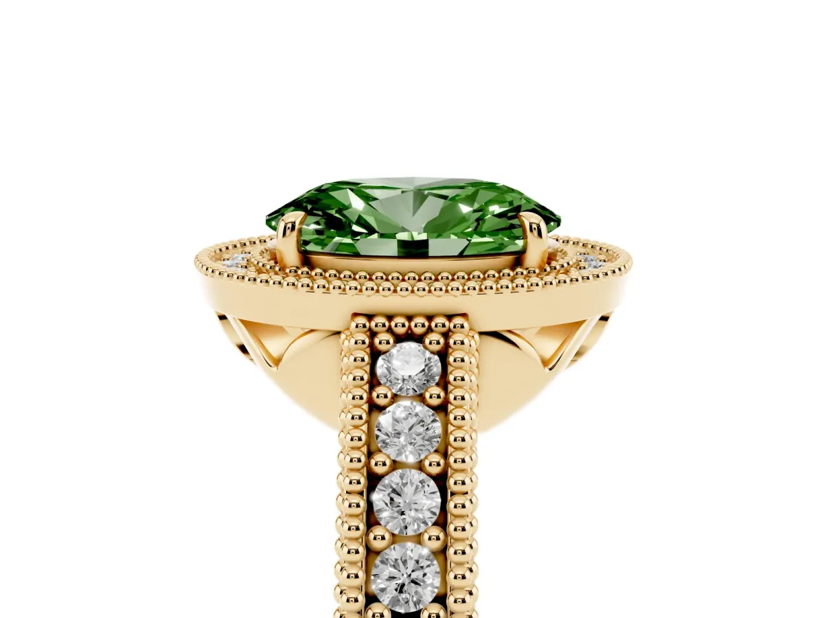 Fancy Green Oval Cut Cut Halo Diamond Ring with Pavé Band and Four-Prong Setting Yellow gold