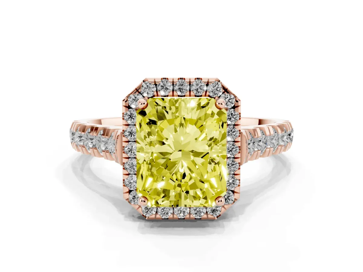 Fancy Yellow Radiant Cut Halo Pavé Diamond Engagement Ring with Four-Prong Setting Rose gold