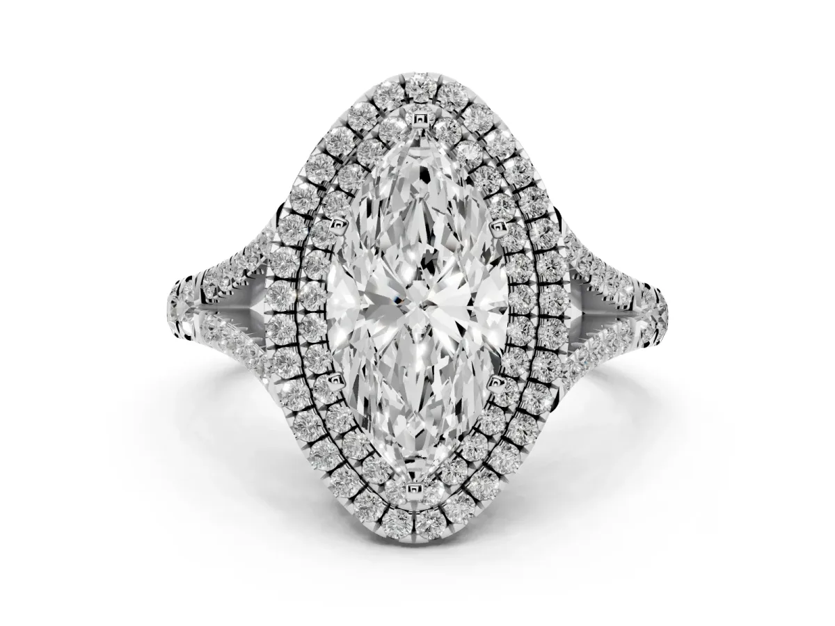 Marquise Cut Cut Double Halo Split Shank Diamond Ring with Prong Setting Silver