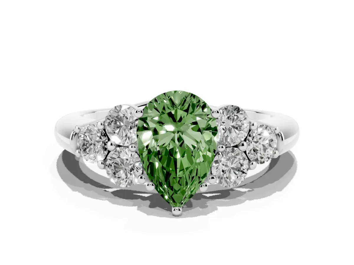 Fancy Green Pear Cut Cut Diamond Cluster Ring with Round Accent Stones and Prong Setting on a Classic Band White gold