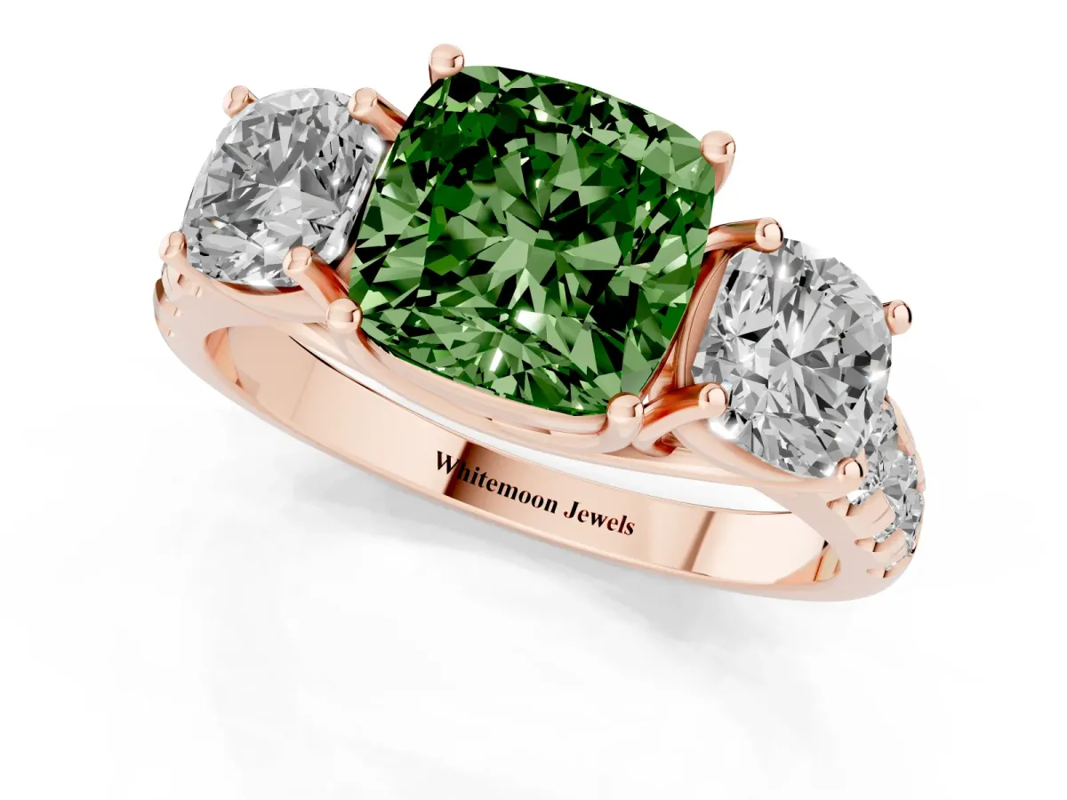 Fancy Green Three-Stone Cushion Cut Diamond Pavé Band with Prong Setting Rose gold