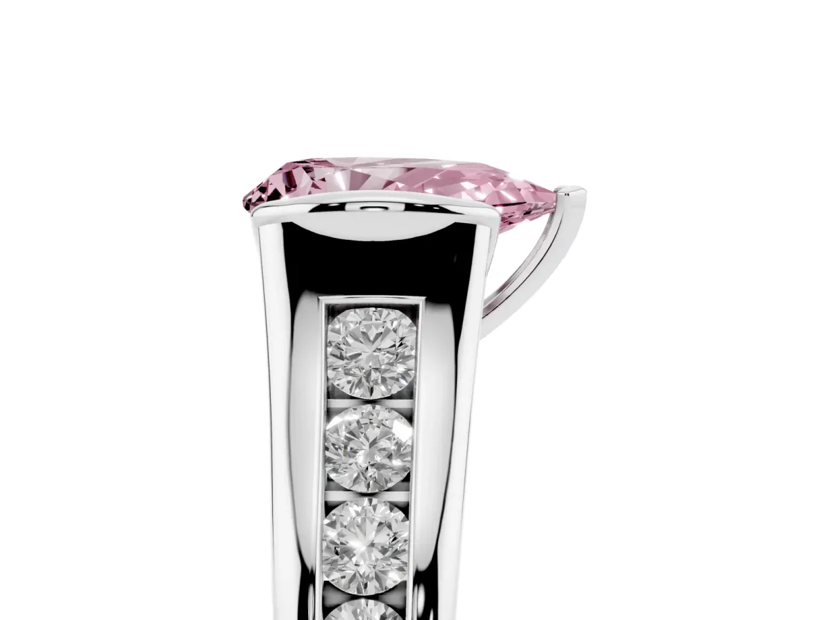 Fancy Pink Pear Cut Solitaire Bezel-Set Diamond Ring with Channel-Set Band Silver
