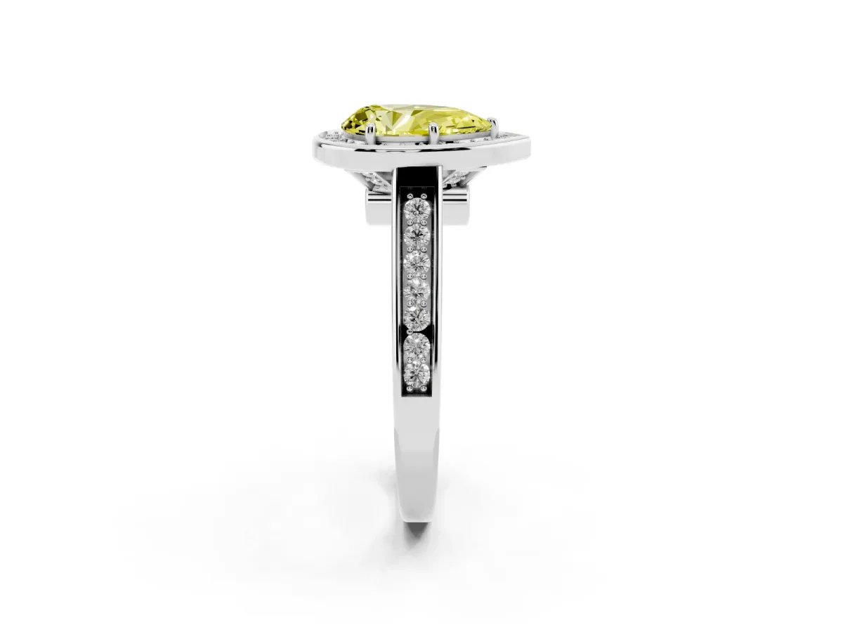 Fancy Yellow Pear Cut Halo Solitaire Diamond Ring with Pave Band and Bezel Setting Platinum