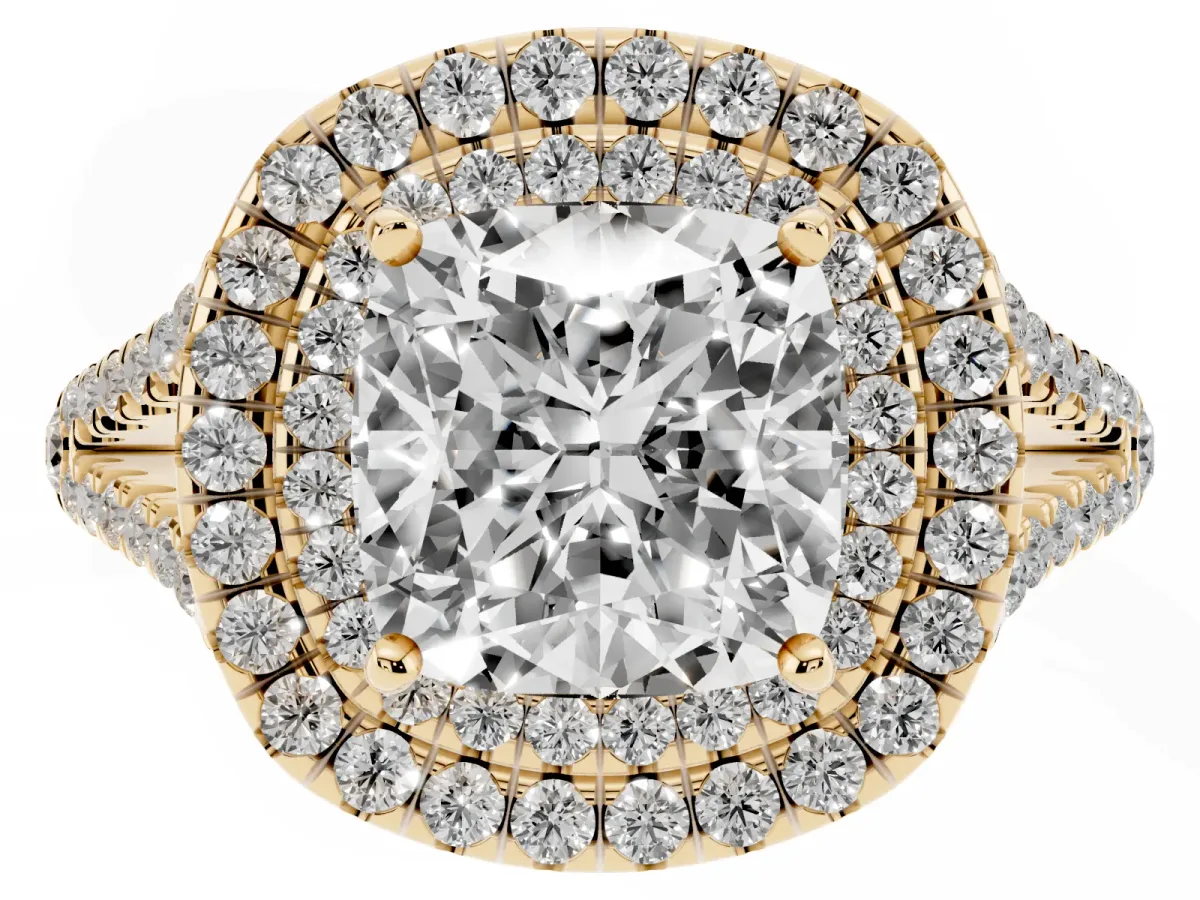 Cushion Cut Diamond Double Halo Ring with Pavé Band and Prong Setting Yellow gold