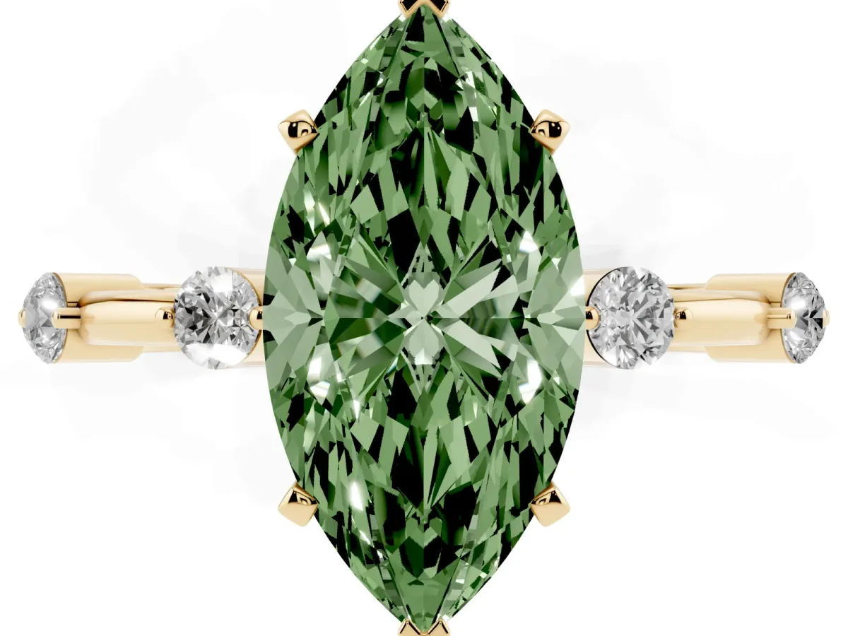 Fancy Green Marquise Cut Solitaire Diamond Ring with Bezel Set Side Stones and Prong Setting Yellow gold