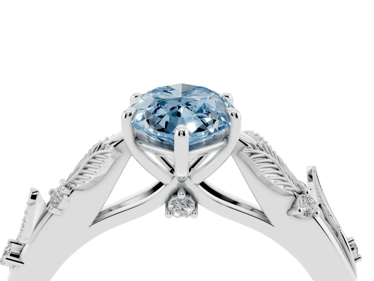Fancy Blue Marquise Cut Diamond Solitaire Ring with Leaf Motif Band and Four-Prong Setting Platinum