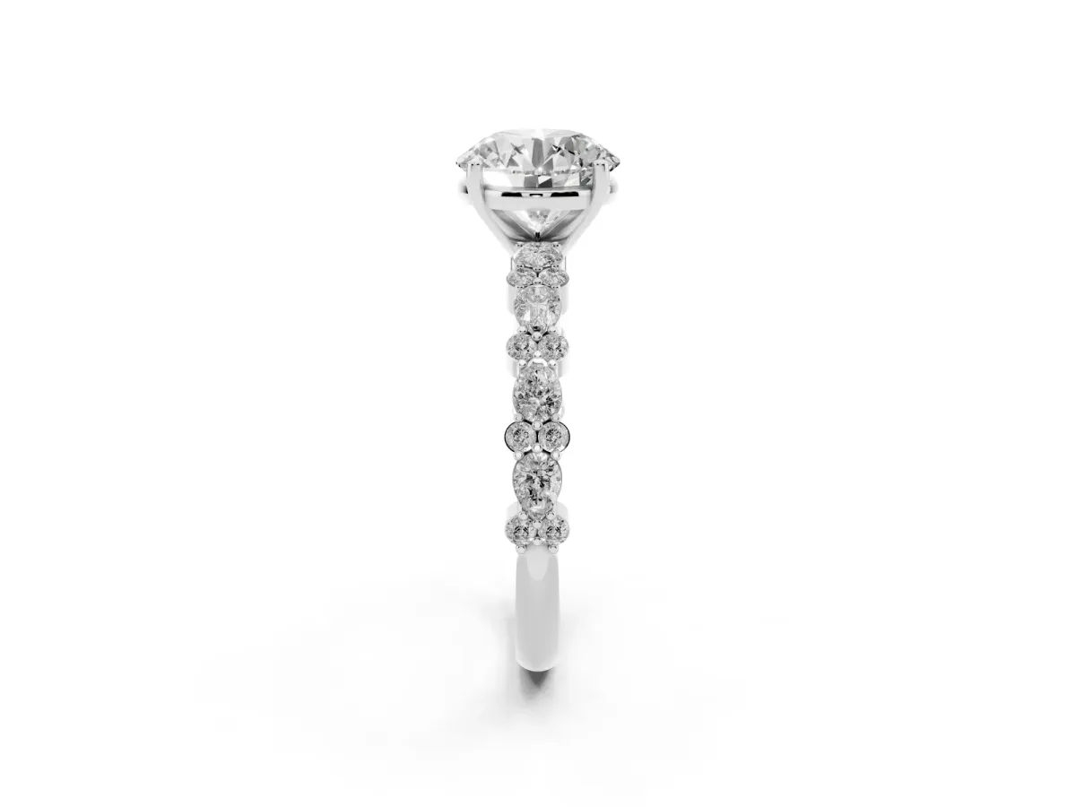 Round Cut Diamond Side Stone Solitaire Ring with Round and Four-Prong Setting Silver