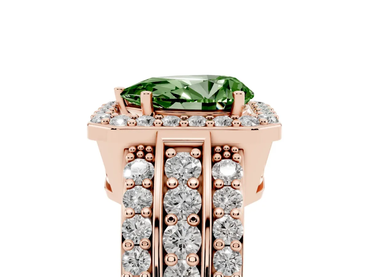 Fancy Green Pear Cut Halo Diamond Ring with Round Split Shank and Prong Setting Rose gold