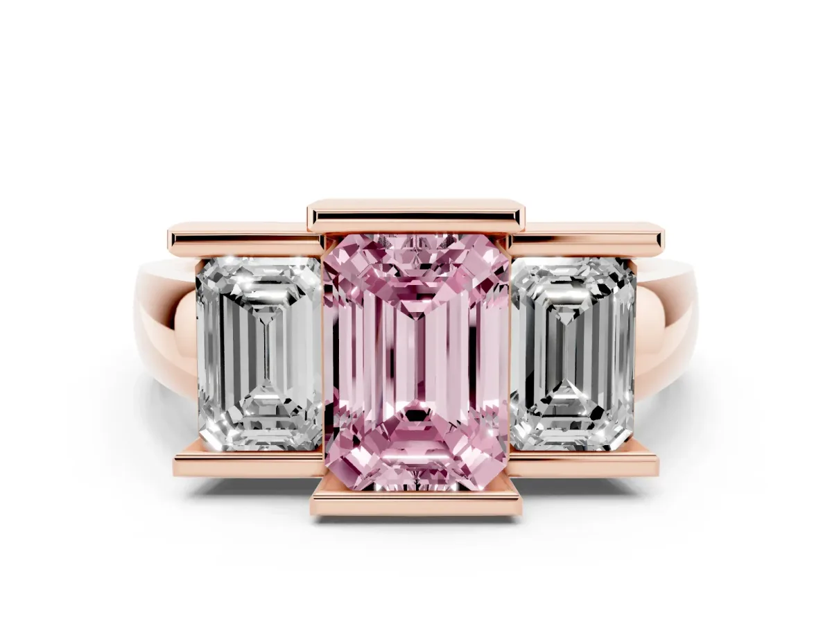Fancy Pink Three Stone Emerald Cut Cut Channel Set Diamond Ring Rose gold