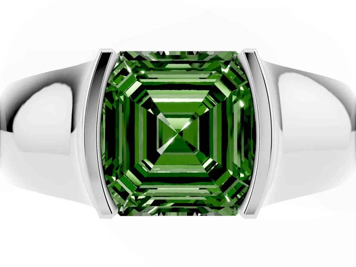 Fancy Green Asscher Cut Solitaire Bezel Set Diamond Ring with Wide Band Platinum